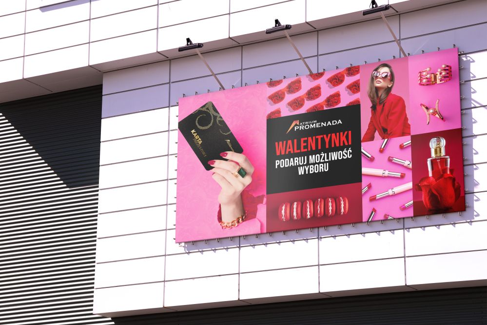 Atrium promenada centrum handlowe walentynki reklama zewnętrzna billboard